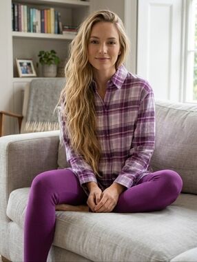 Collections Etc Medium Purple Plaid Button Down Long Tunic Shirt